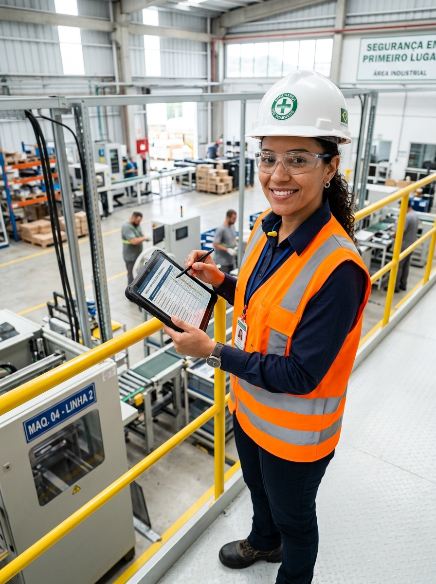 Técnico em Segurança do Trabalho realizando auditoria técnica com tablet