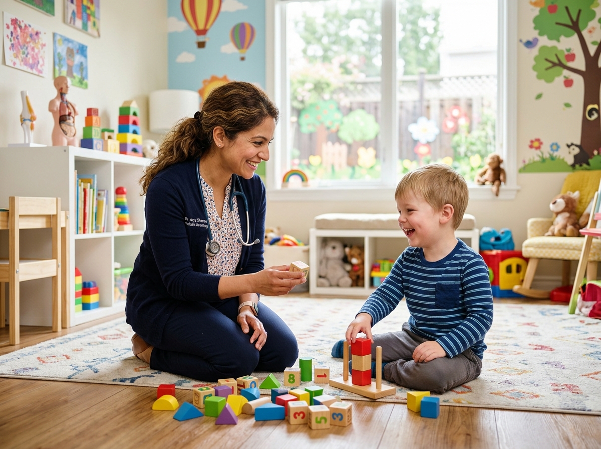 Neuropediatra avaliando desenvolvimento infantil de forma lúdica