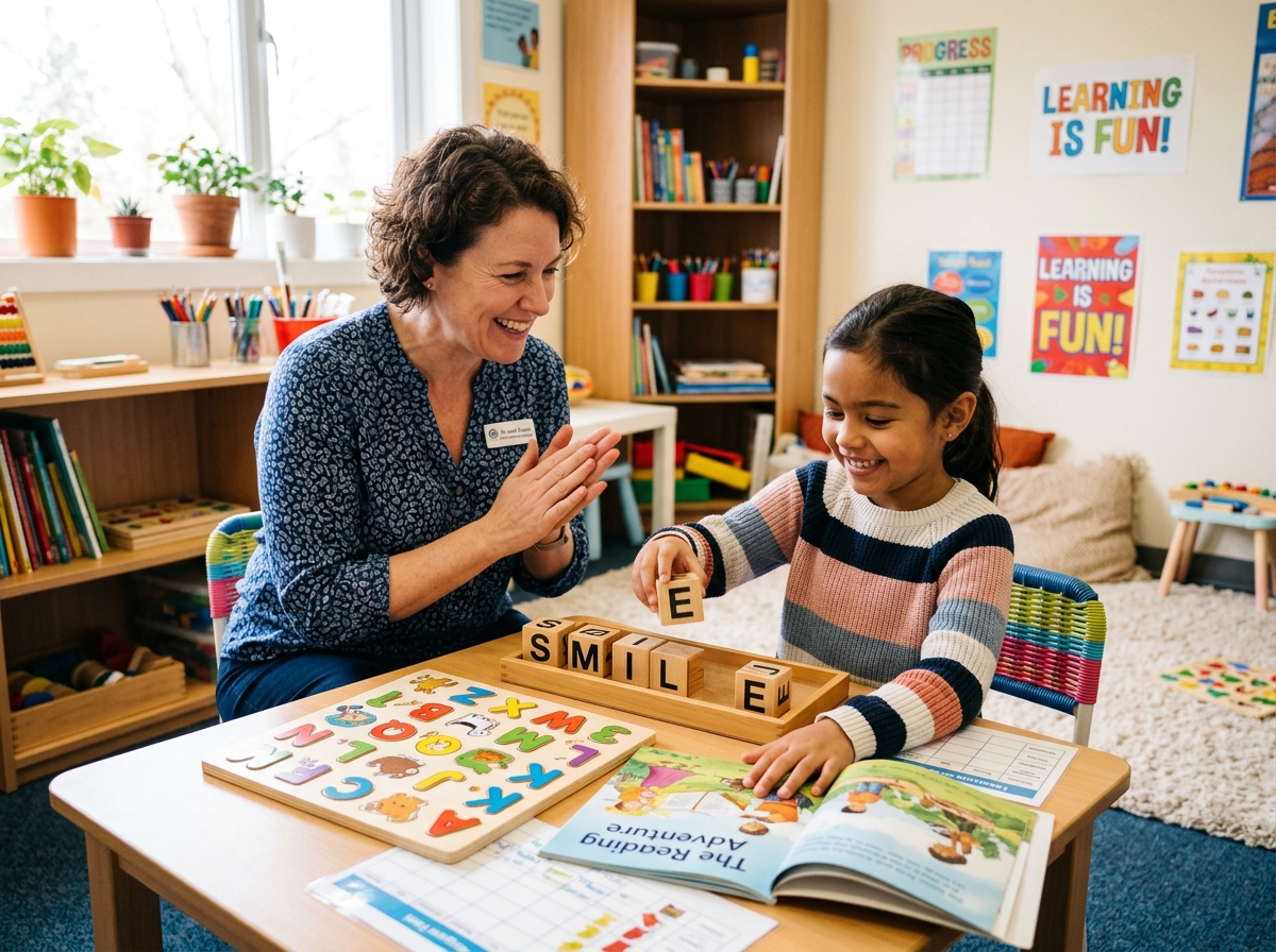 Psicopedagoga estimulando aprendizado e leitura com blocos educativos